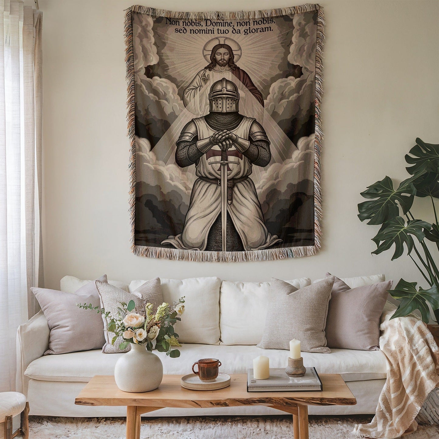 Wall Art Tapestry with Knight and Religious Imagery