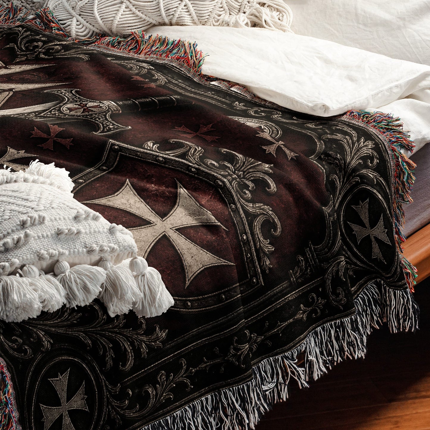 CalmNestStyle Medieval Blanket with Deus Vult Scroll – Crossed Swords Crusader Shields Woven Throw jacquard woven blanket
