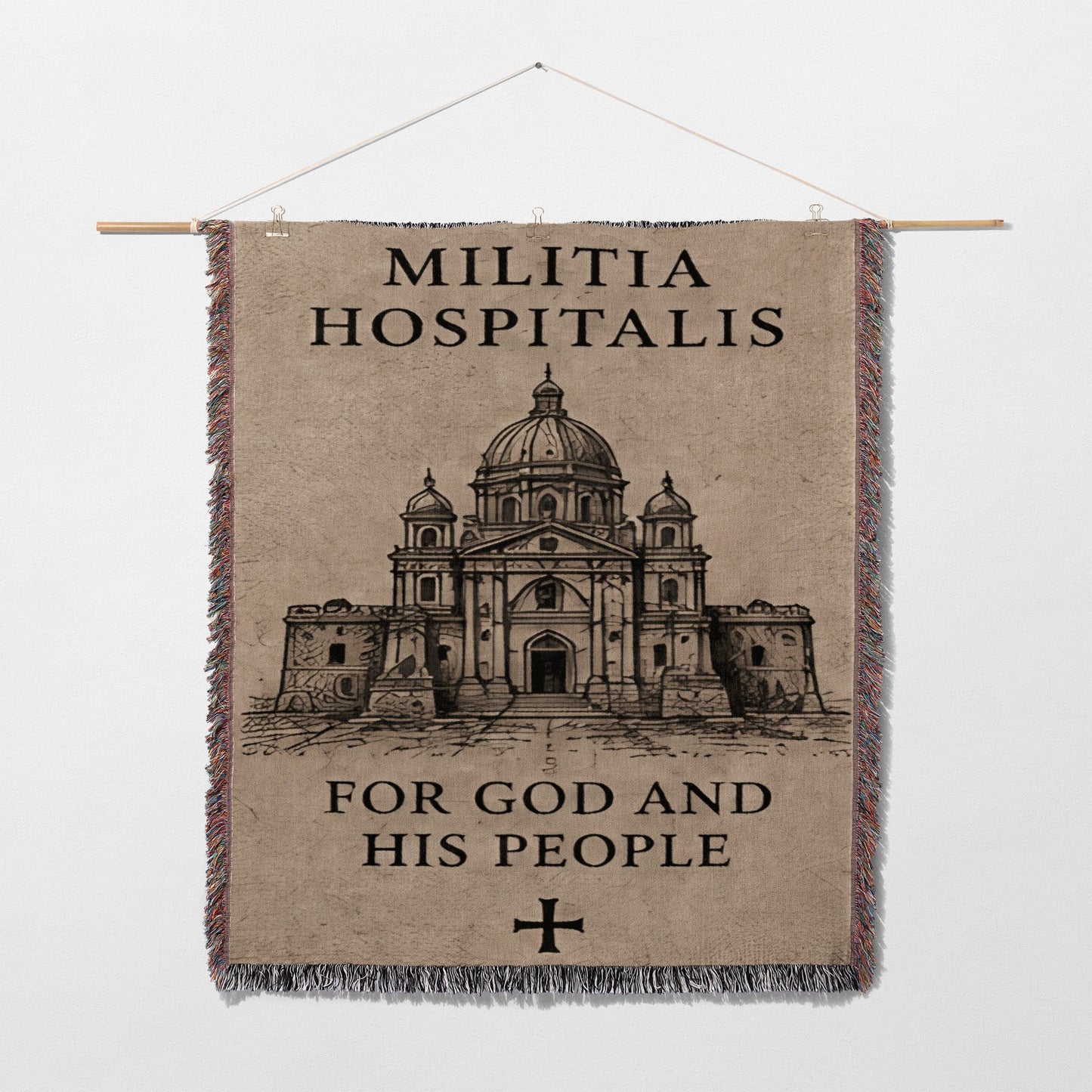 Militia Hospitalis banner with church and text "For God and His People".