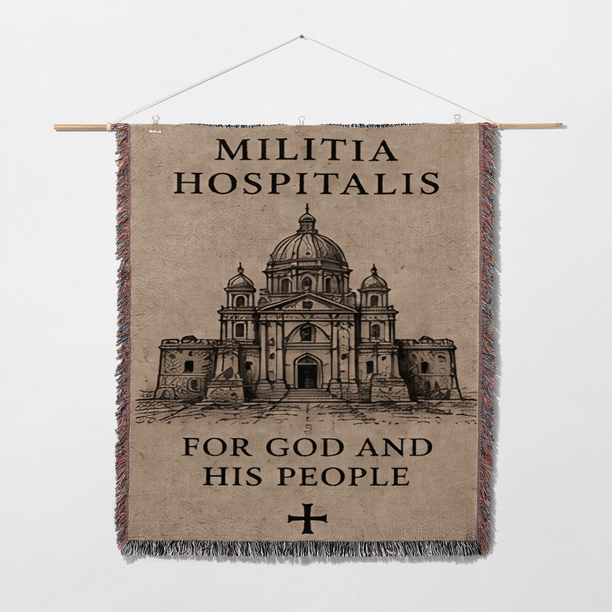 Militia Hospitalis banner with church and text "For God and His People".