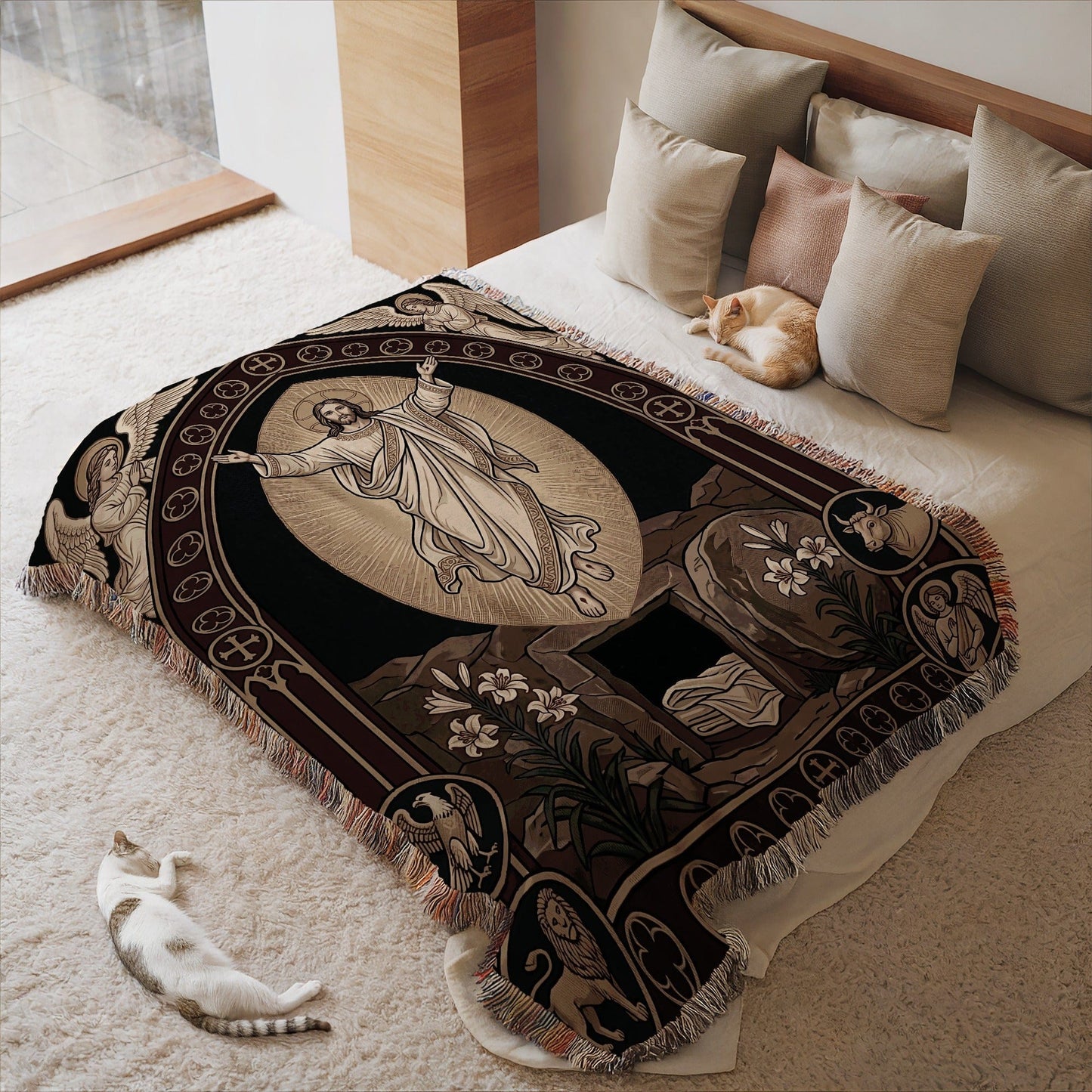 Sacred Religious Art Blanket with Angels and Saints Design