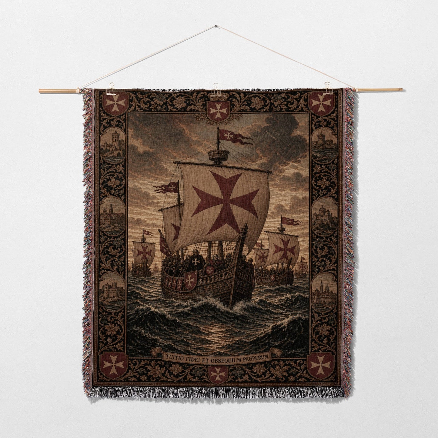 Tapestry depicting Knights Templar ships with text "TUTTO FIET ET OBSEQUIUM PARERUM".