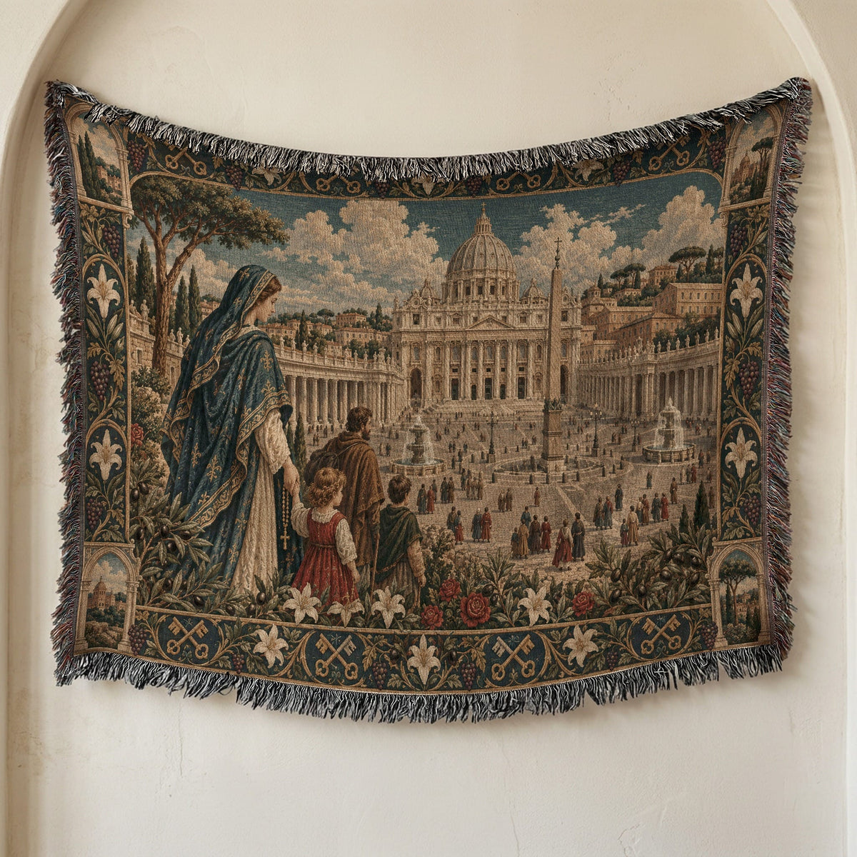 Woven throw blanket hanging on a wall, featuring a detailed scene of Saint Peter's Basilica.