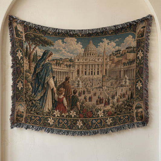 Woven throw blanket hanging on a wall, featuring a detailed scene of Saint Peter's Basilica.