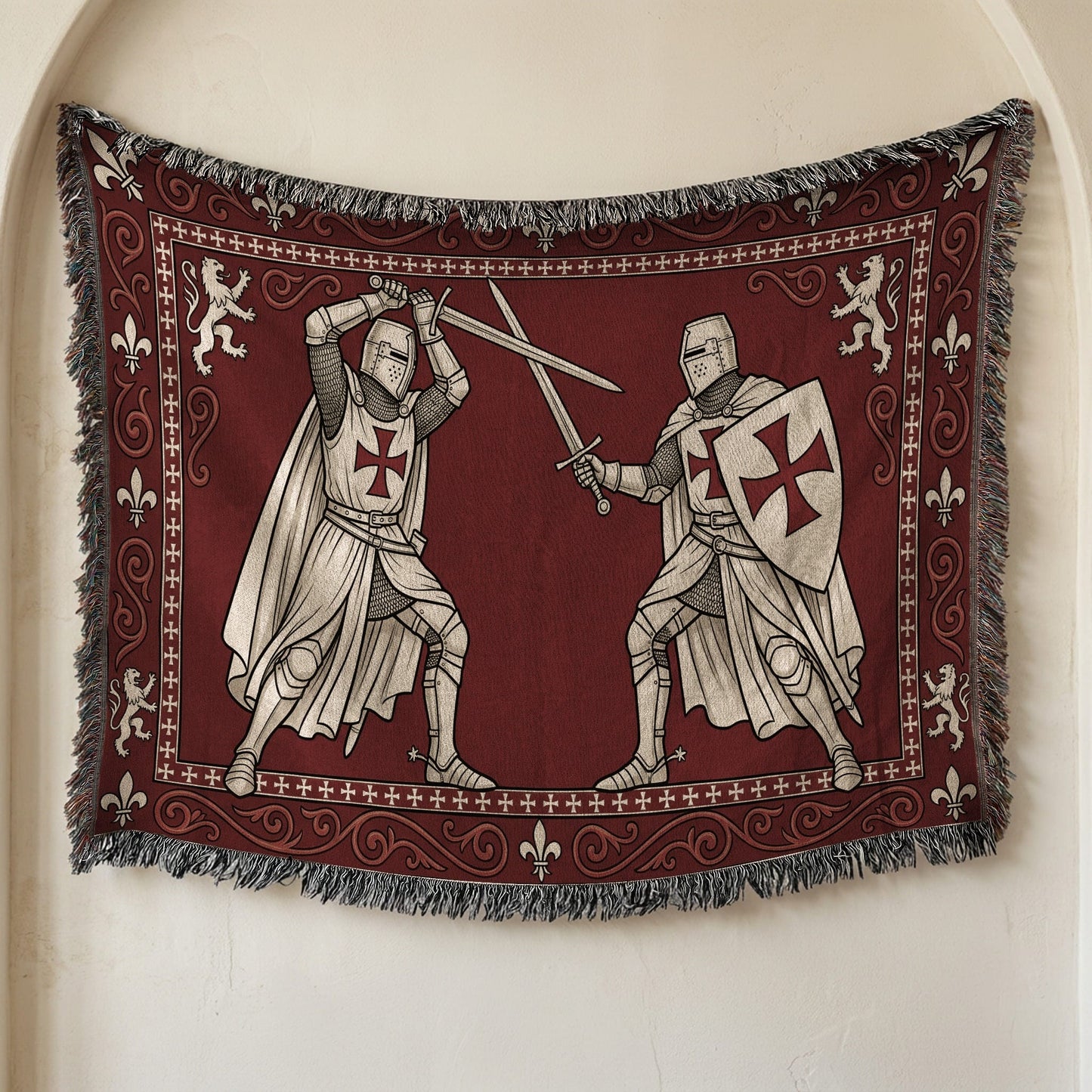 MyDesigns Medieval Knight Tapestry Blanket – Templar Knights Duel Woven Throw, Scrollwork jacquard woven blanket