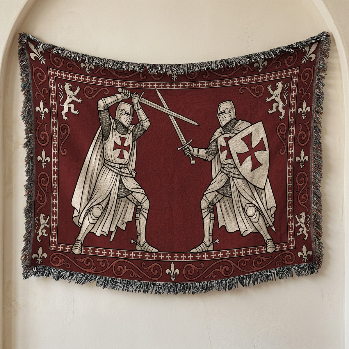 MyDesigns Medieval Knight Tapestry Blanket – Templar Knights Duel Woven Throw, Scrollwork jacquard woven blanket