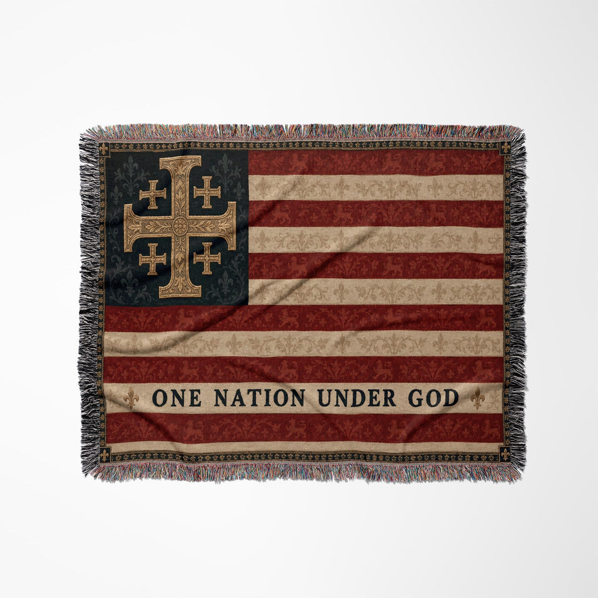 CalmNestStyle One Nation Under God Jerusalem Cross Flag Woven Blanket jacquard woven blanket
