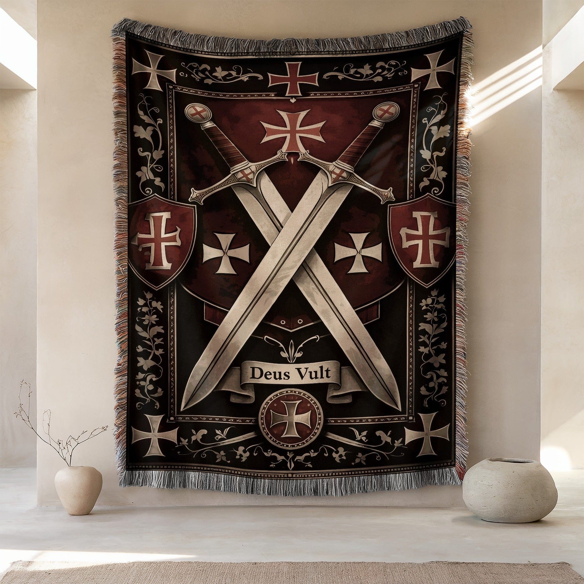 Deus Vult Medieval Crusader Tapestry Wall Hanging Decor