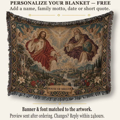 Woven tapestry blanket depicting Jesus and God in the clouds above a landscape, featuring a customizable banner with the text HOUSE OF MILLER.
