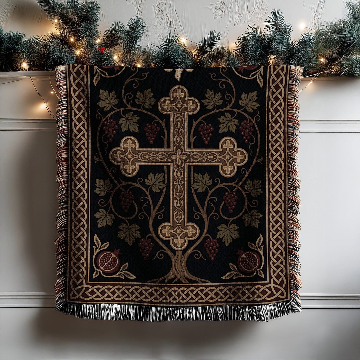 Ornate Religious Cross Tapestry with Fringe 디자인