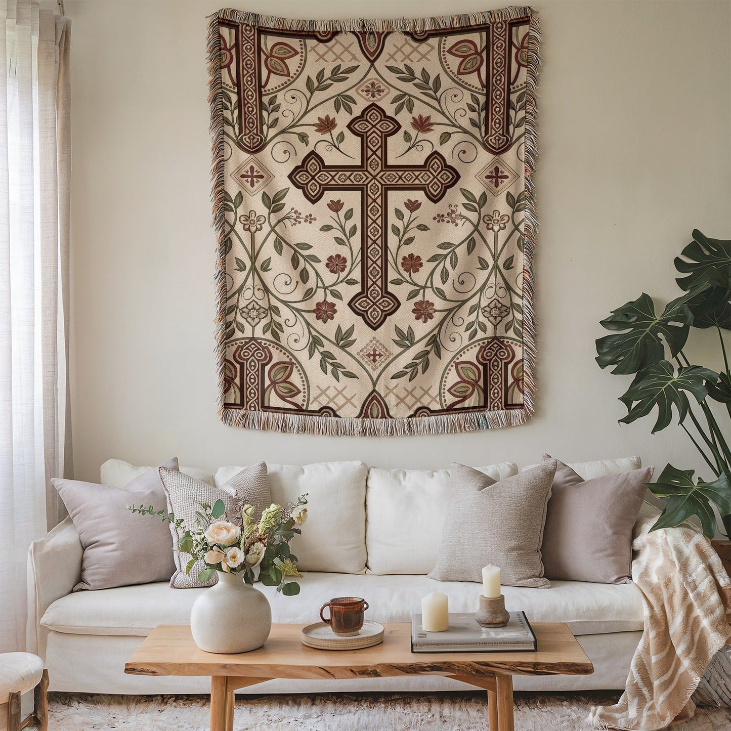 Tapestry with Ornate Cross Design for Home Decor
