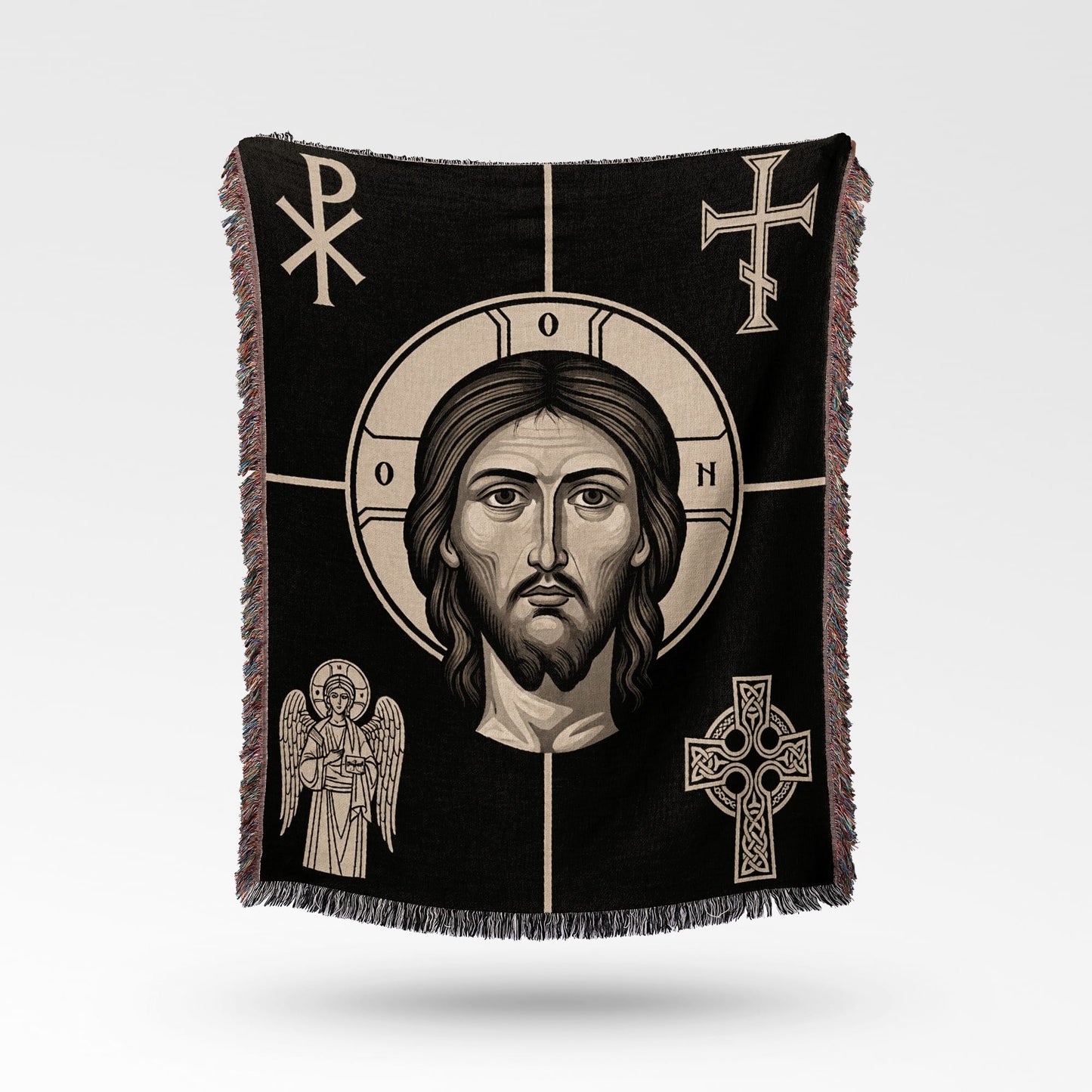 Black throw blanket with Jesus' face, Chi Rho, cross, and Celtic cross.