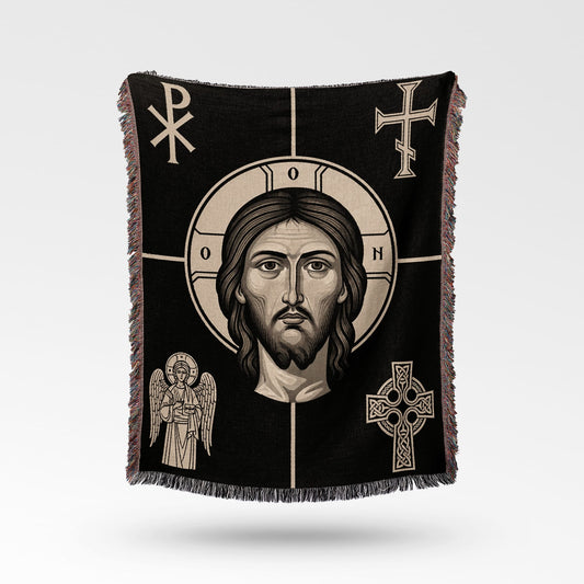 Black throw blanket with Jesus' face, Chi Rho, cross, and Celtic cross.