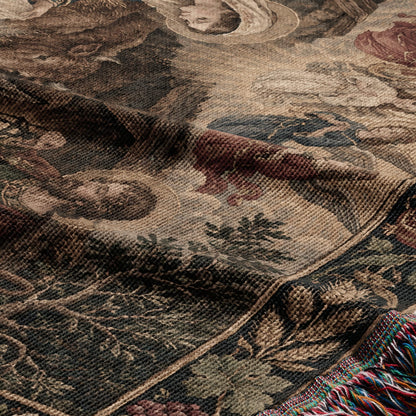 A folded, woven textile featuring a vintage-style historical scene with earthy tones and decorative fringe.