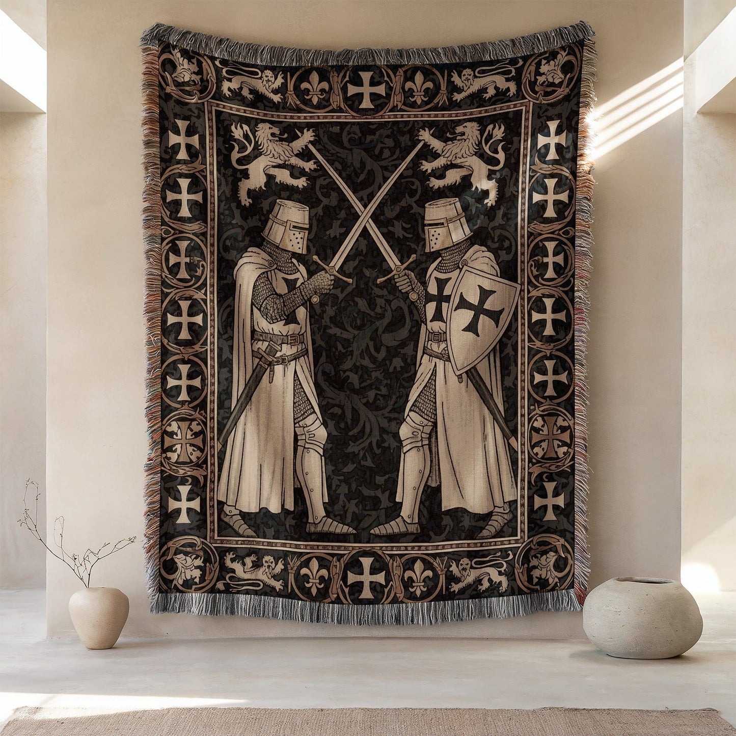 Medieval Knight Design Tapestry with Cross Pattern