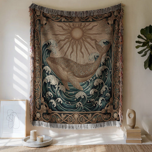 Dynamic Whale Tapestry with Sun and Waves Art Design