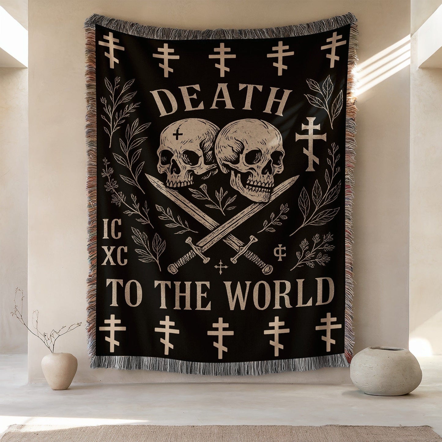 Death To The World Skull and Weapon Display Blanket