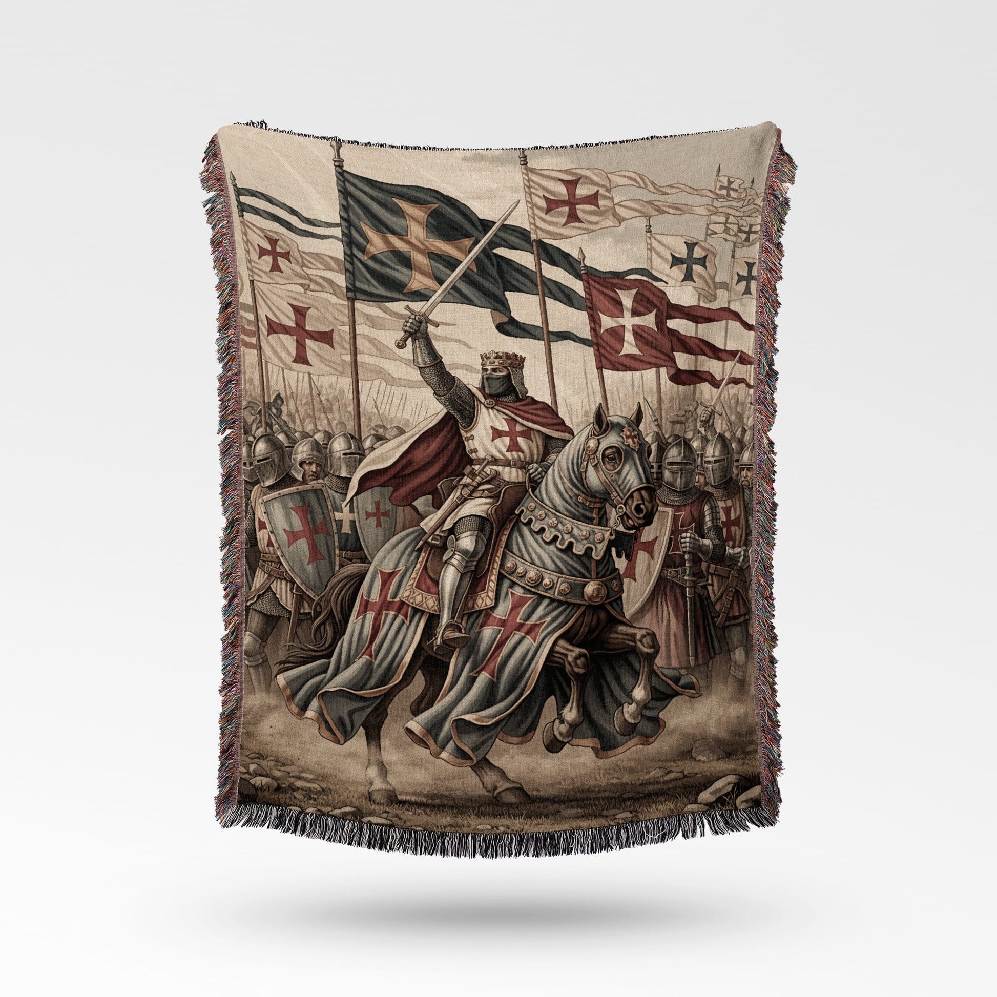 Knight in armor on horseback leading army with crusader flags.