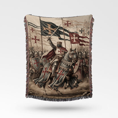 Knight in armor on horseback leading army with crusader flags.