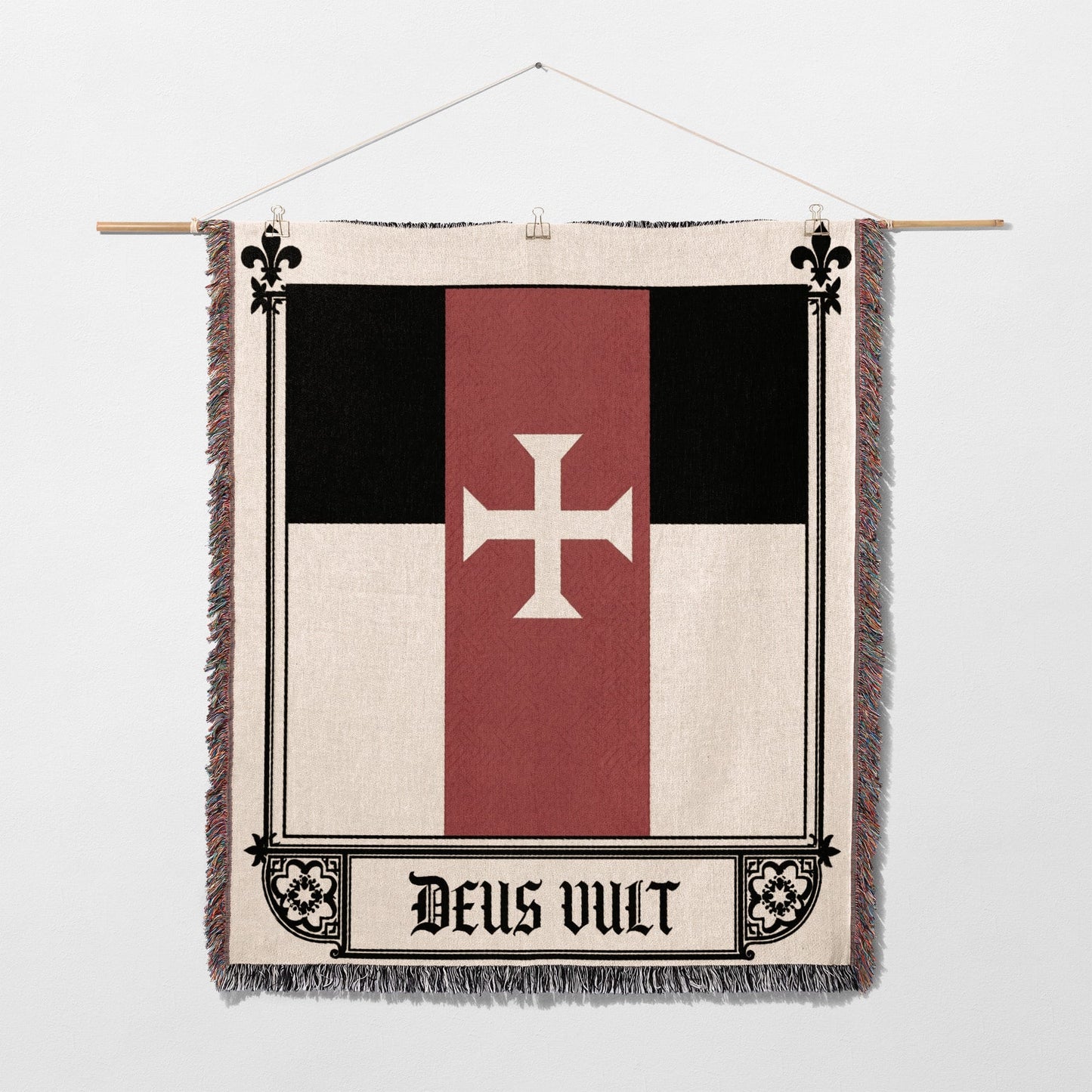 Black, red, and white flag with a cross and "Deus Vult" text.