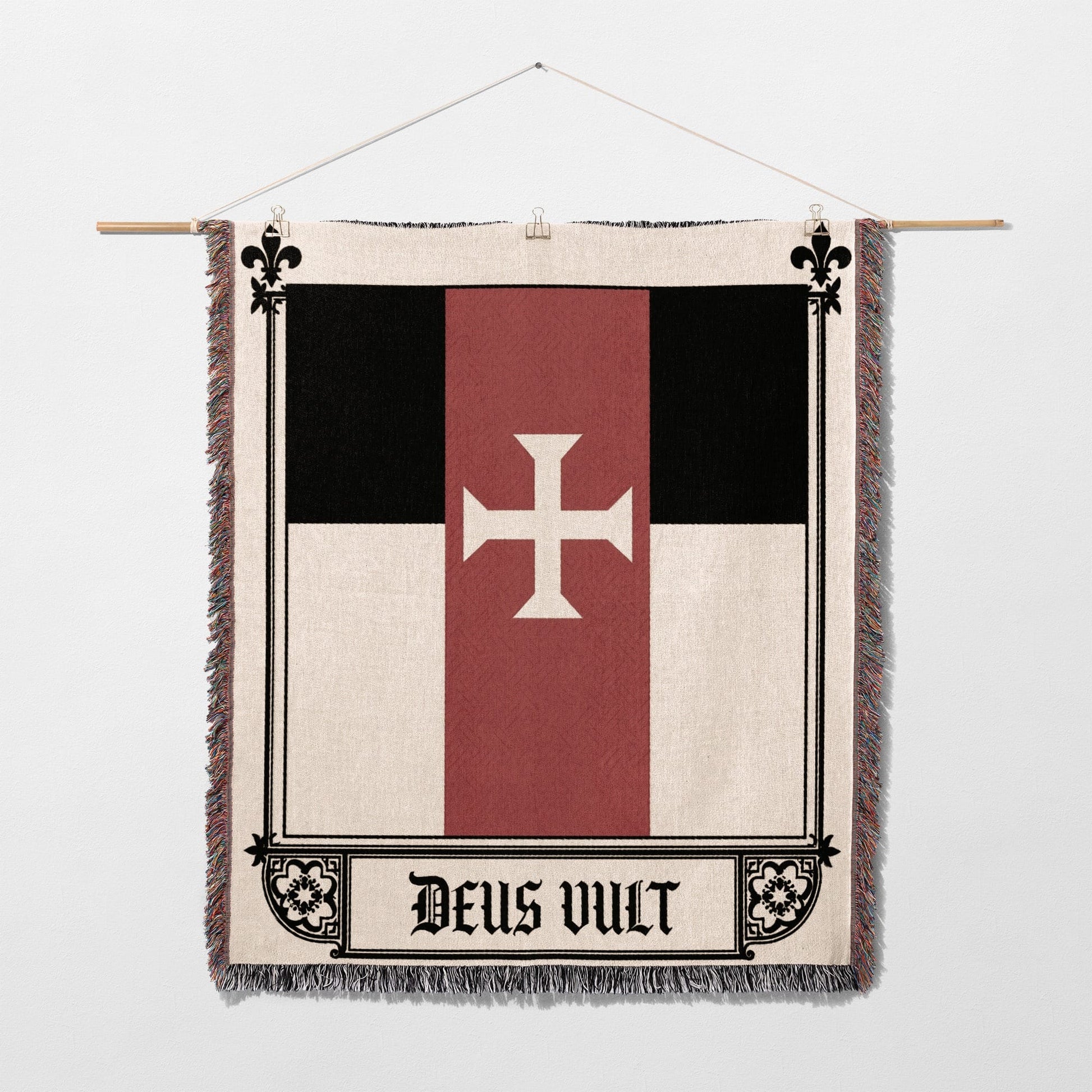 Black, red, and white flag with a cross and "Deus Vult" text.