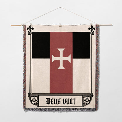 Black, red, and white flag with a cross and "Deus Vult" text.