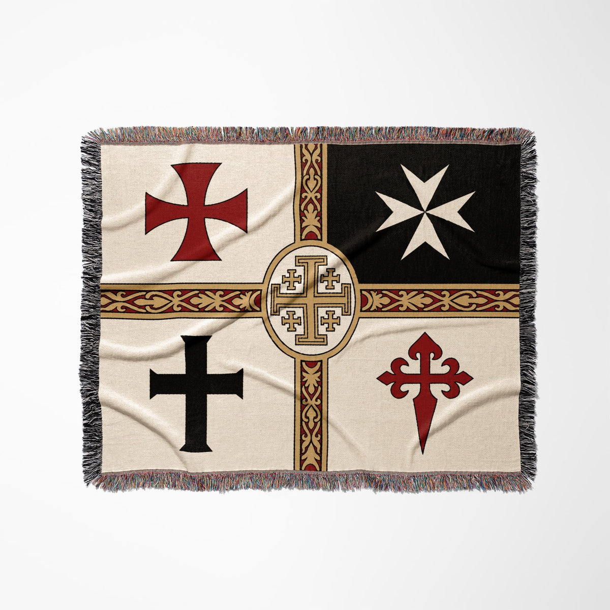Tapestry with four different crosses on a cream and black background with fringe.