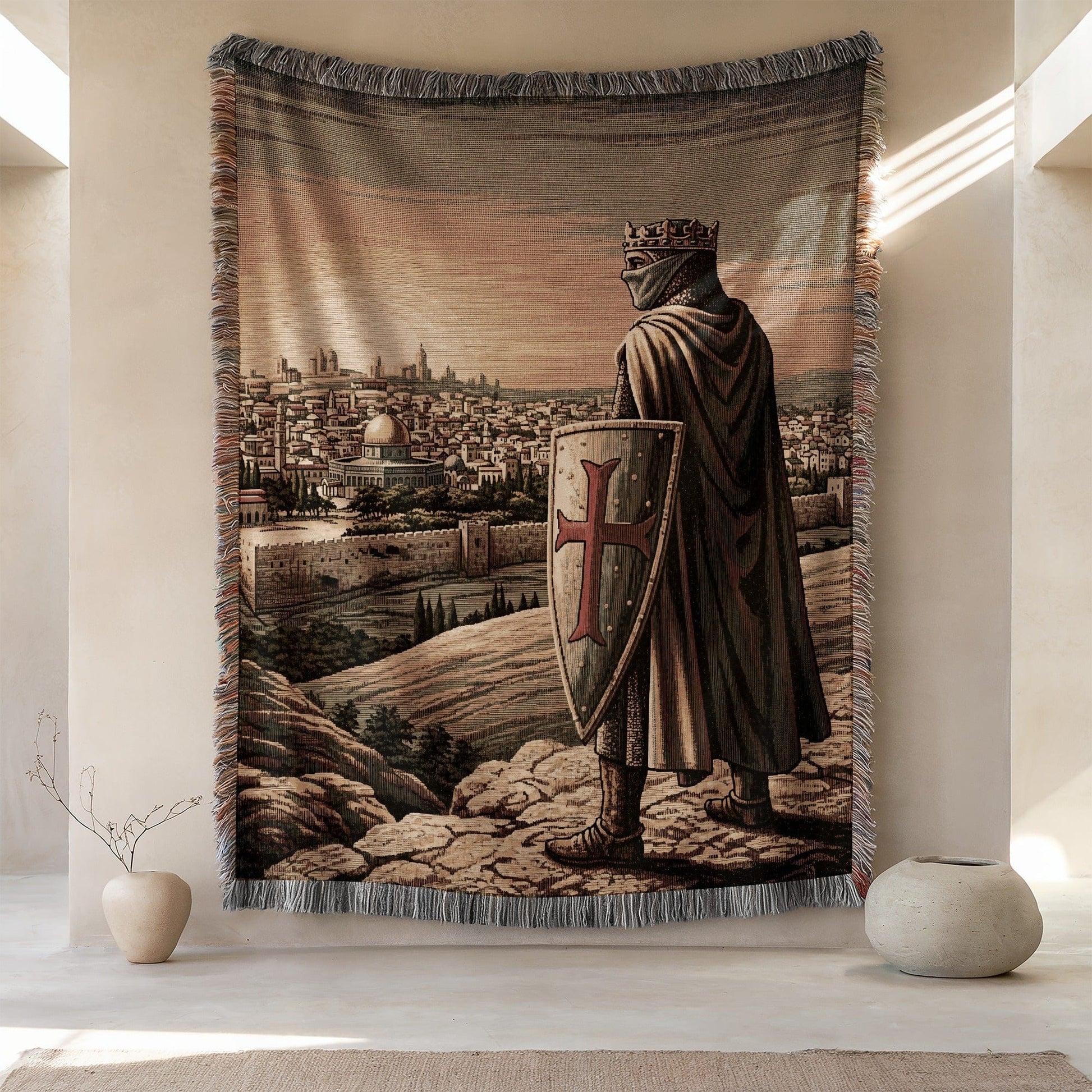 Medieval Knight Overlooking City Wall Tapestry Blanket