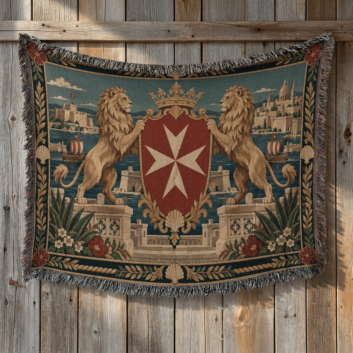 CalmNestStyle Golden Lions Crowned Shield over Valletta Woven Blanket jacquard woven blanket