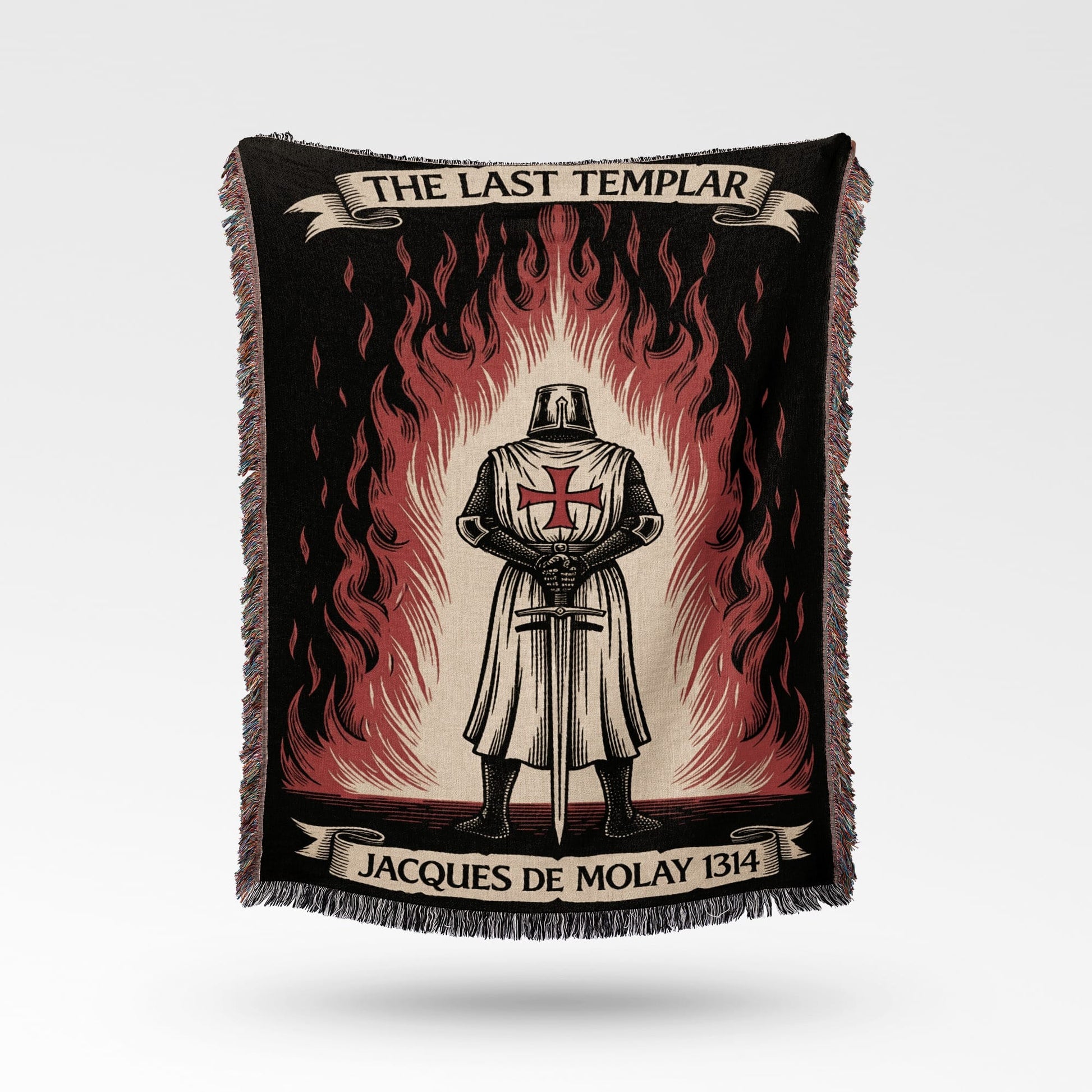 The Last Templar Jacques de Molay 1314 blanket with knight and flames.