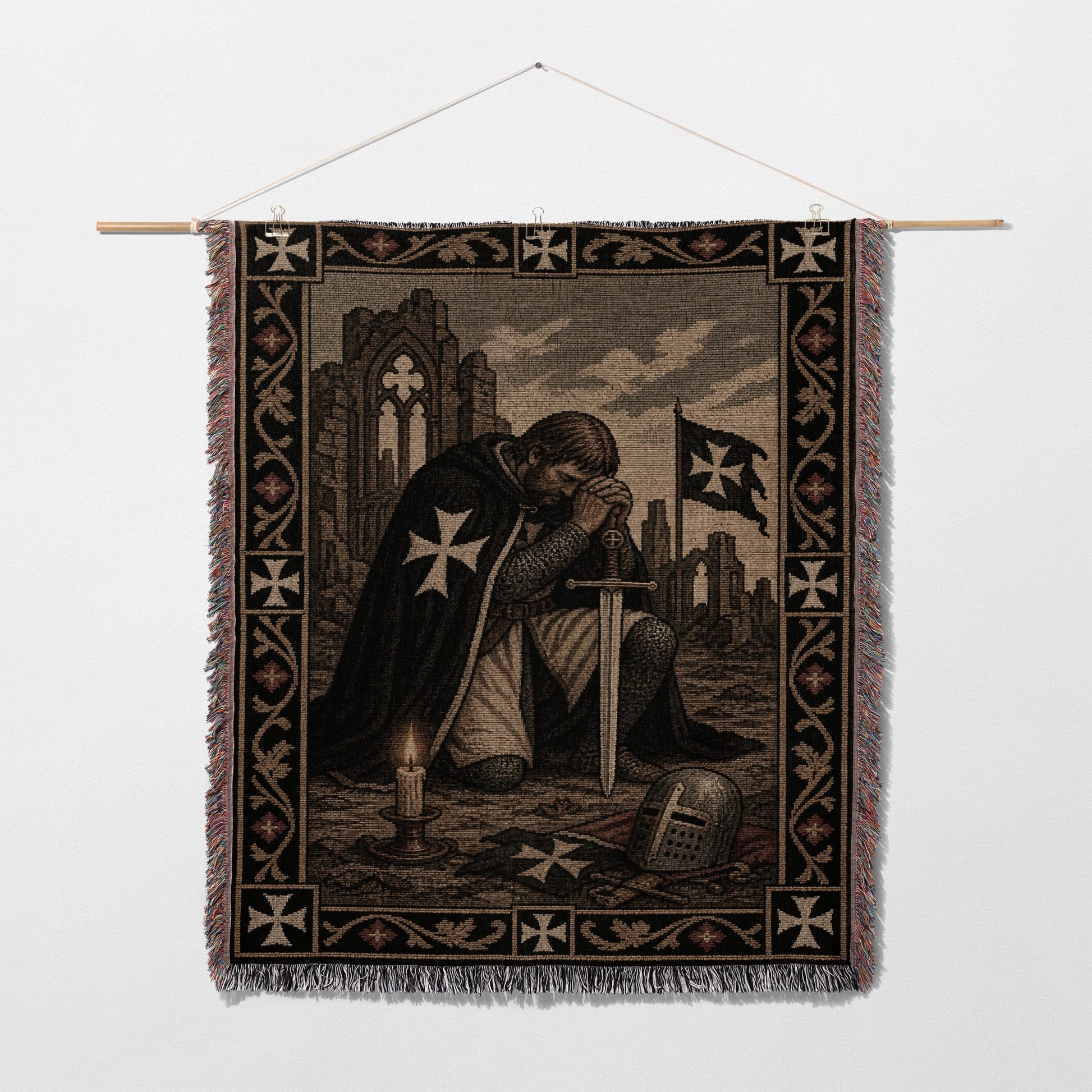 Tapestry featuring a knight in armor kneeling before a sword and cross.