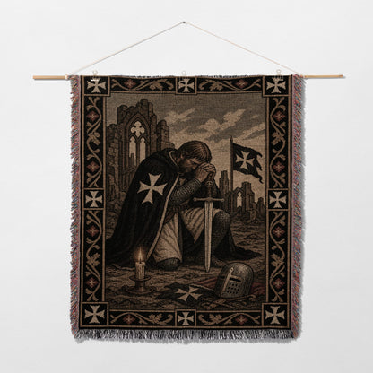 Tapestry featuring a knight in armor kneeling before a sword and cross.