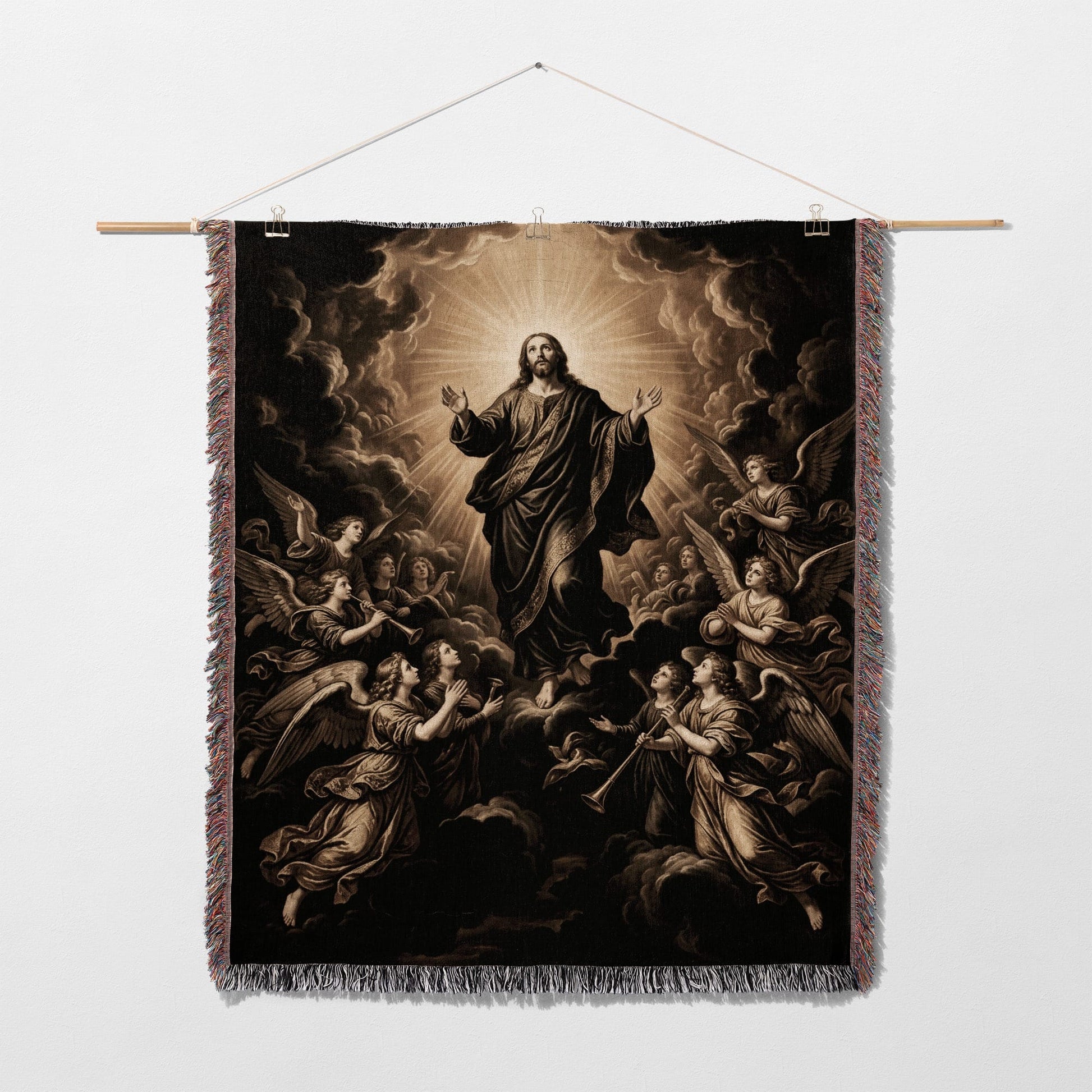 Jesus ascends surrounded by angels playing trumpets amidst clouds.