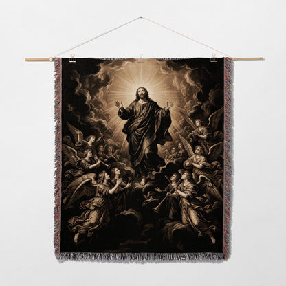 Jesus ascends surrounded by angels playing trumpets amidst clouds.