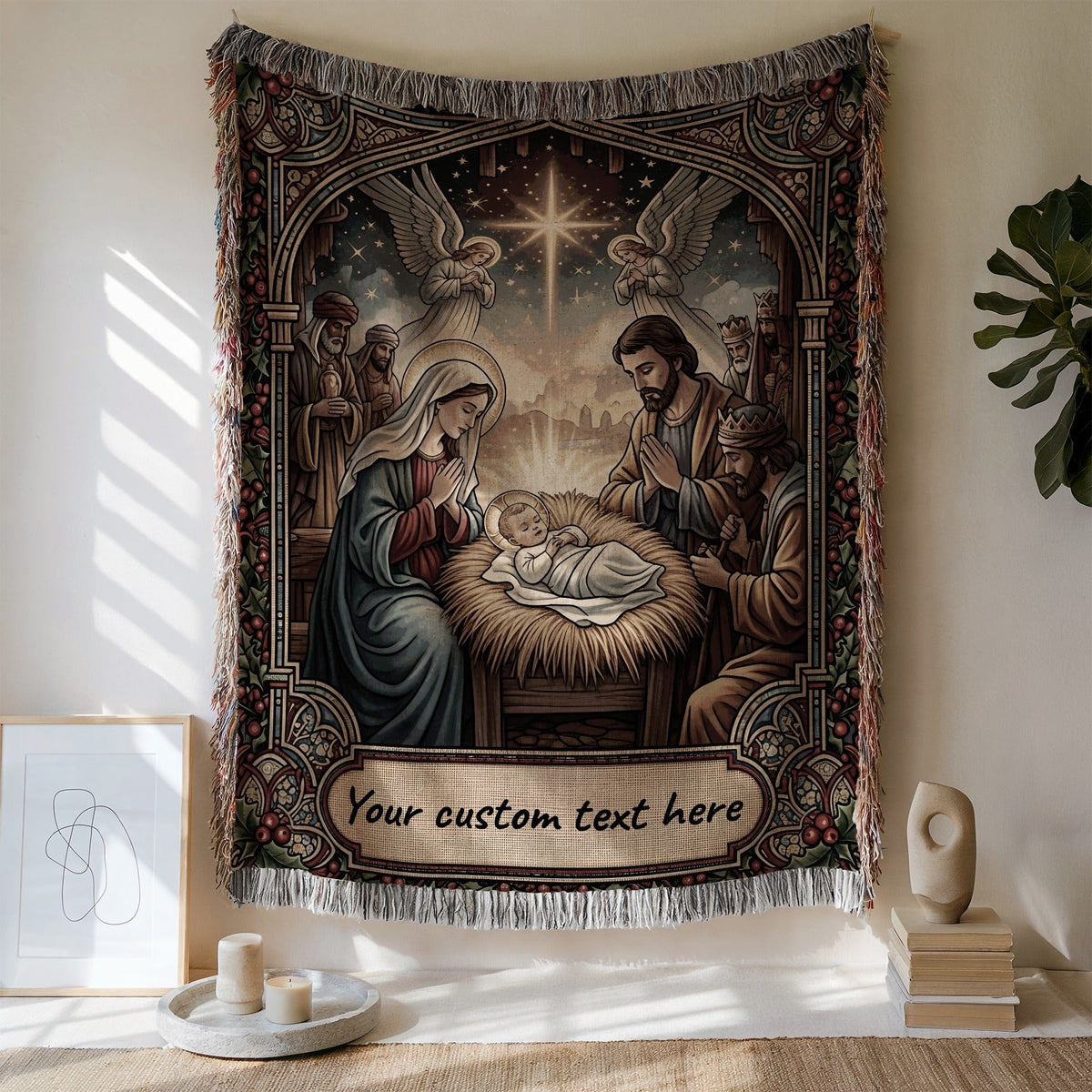 CalmNestStyle Angelic Nativity Scene Stained Glass Style Art custom woven blanket jacquard woven blanket