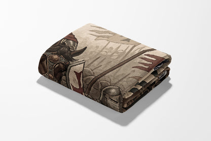 Folded tapestry with medieval knights and banners.