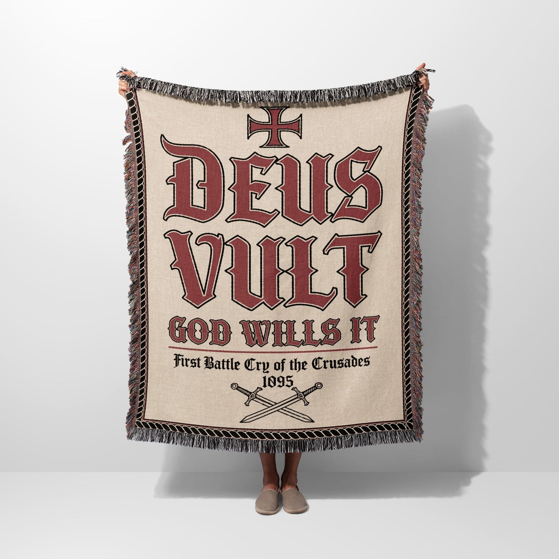 Tapestry with "Deus Vult" and crossed swords, "God Wills It 1095".
