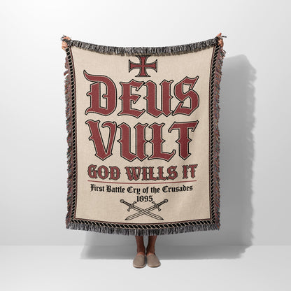 Tapestry with "Deus Vult" and crossed swords, "God Wills It 1095".