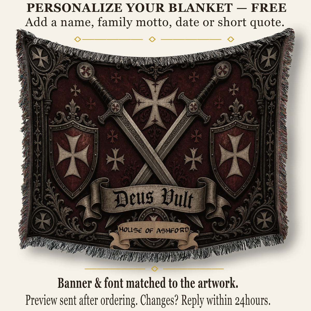 CalmNestStyle Medieval Blanket with Deus Vult Scroll – Crossed Swords Crusader Shields Woven Throw jacquard woven blanket