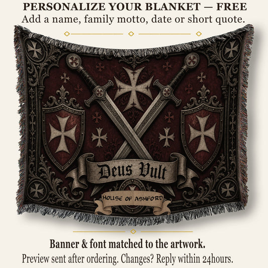 CalmNestStyle Medieval Blanket with Deus Vult Scroll – Crossed Swords Crusader Shields Woven Throw jacquard woven blanket