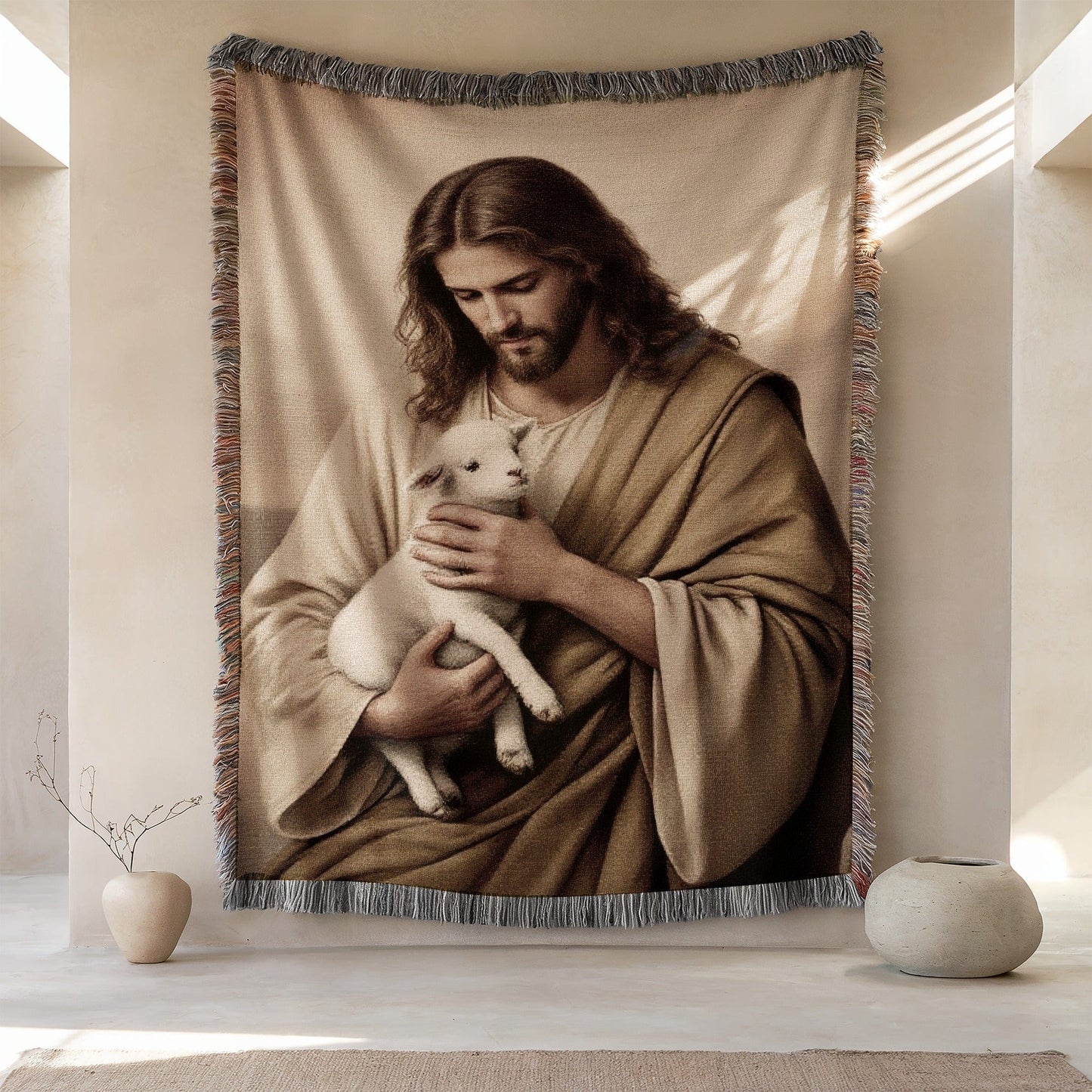 Jesus Christ Holding Lamb Throw Blanket