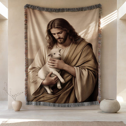 Jesus Christ Holding Lamb Throw Blanket