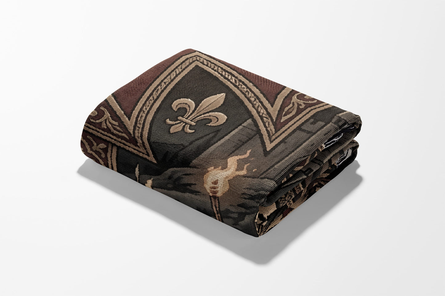 Folded tapestry with fleur-de-lis, torches, and gothic architectural details.