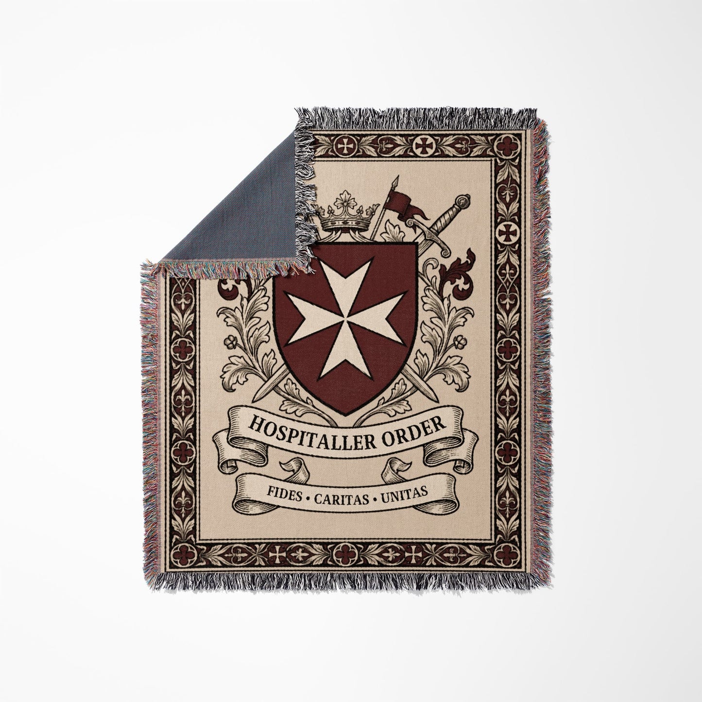 Tapestry blanket with Hospitaller Order crest, swords, crown, and motto.