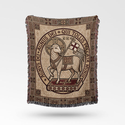 Lamb of God on a book with a banner, surrounded by decorative border.