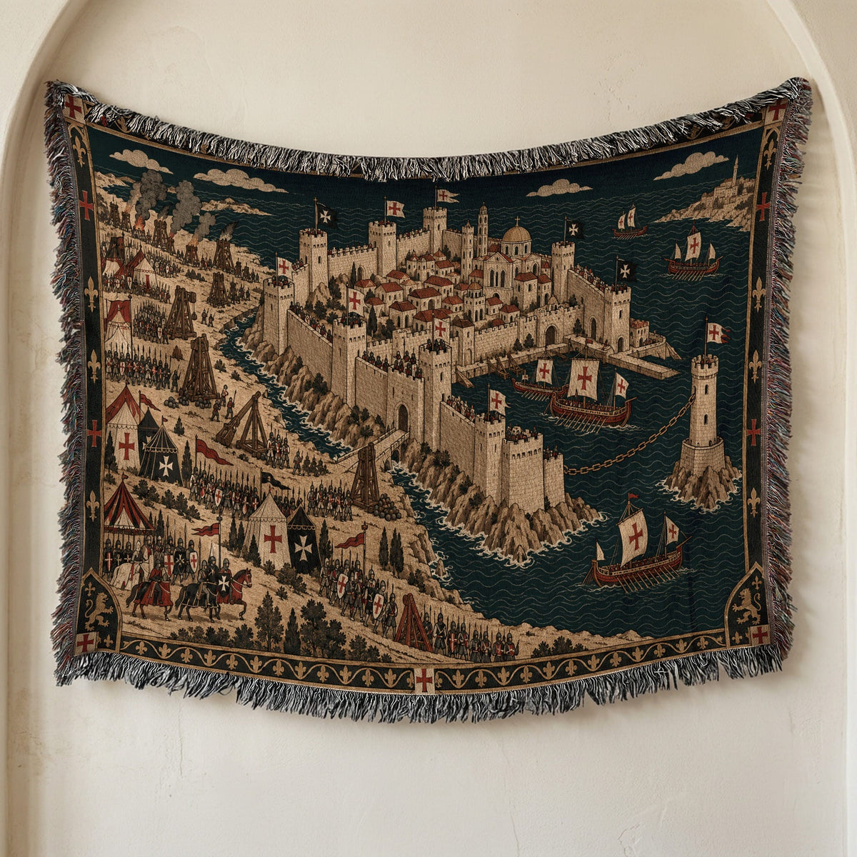 CalmNestStyle Crusader Harbor Siege I Ships at the Chain Tower jacquard woven blanket