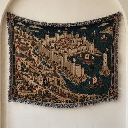 CalmNestStyle Crusader Harbor Siege I Ships at the Chain Tower jacquard woven blanket