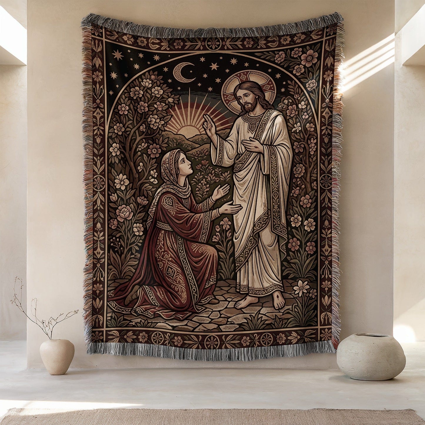 Renaissance Floral-and-Spiritual Scene Wall Hanging Tapestry
