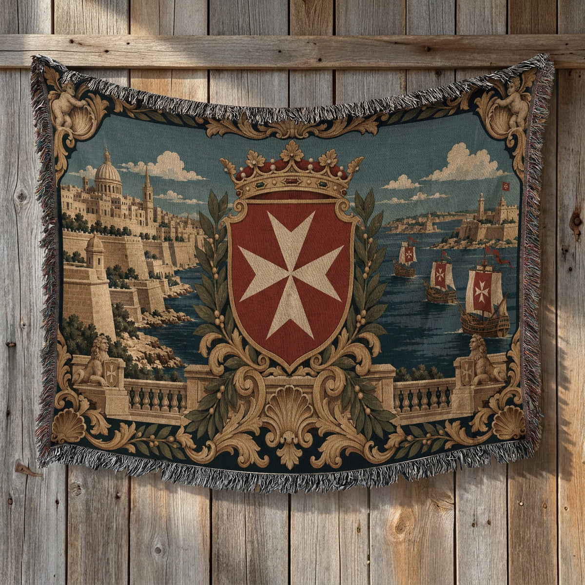 CalmNestStyle Valletta Harbor with Crowned Hospitaller Shield Woven Blanket jacquard woven blanket