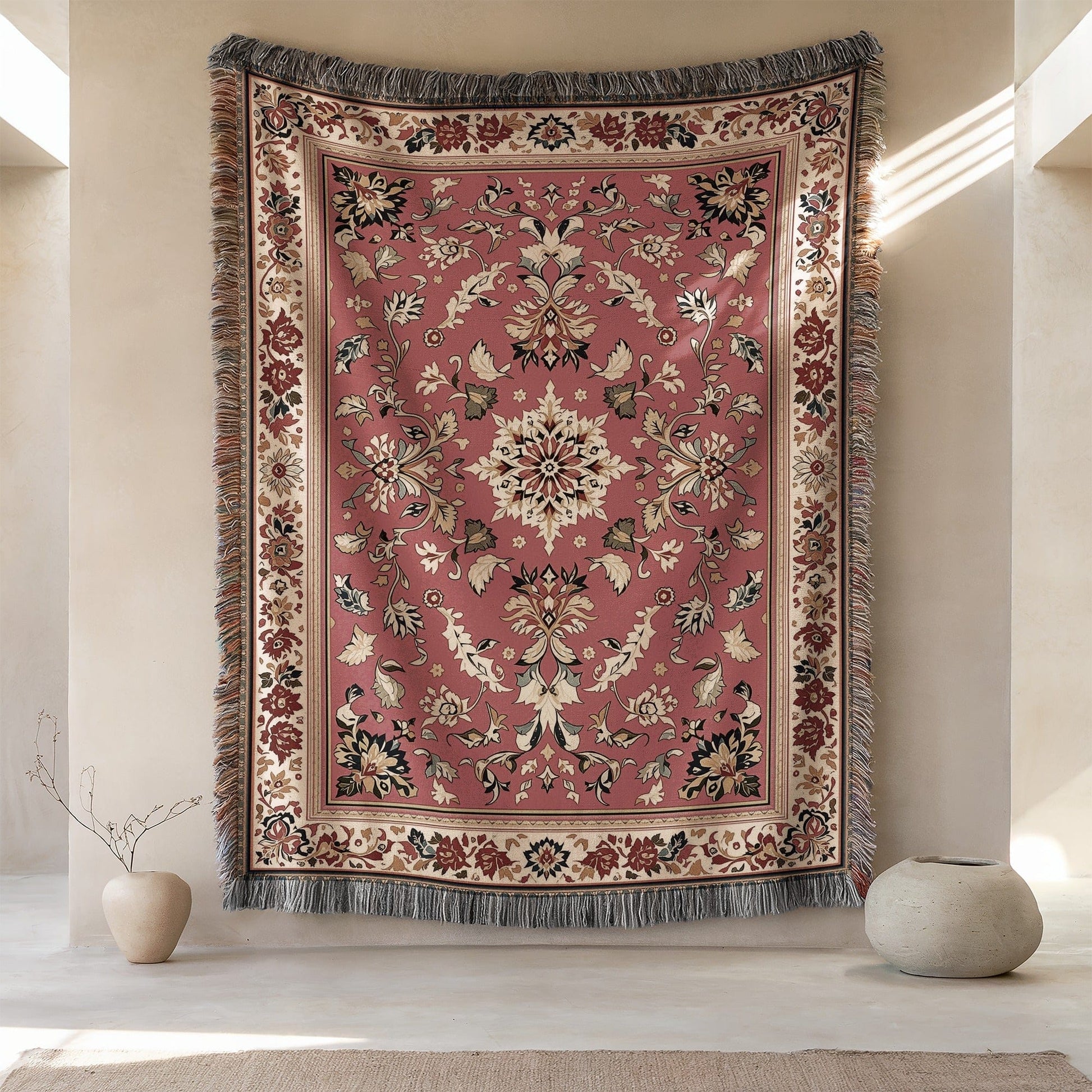 Intricate Floral Pattern on Fringe Edged Tapestry